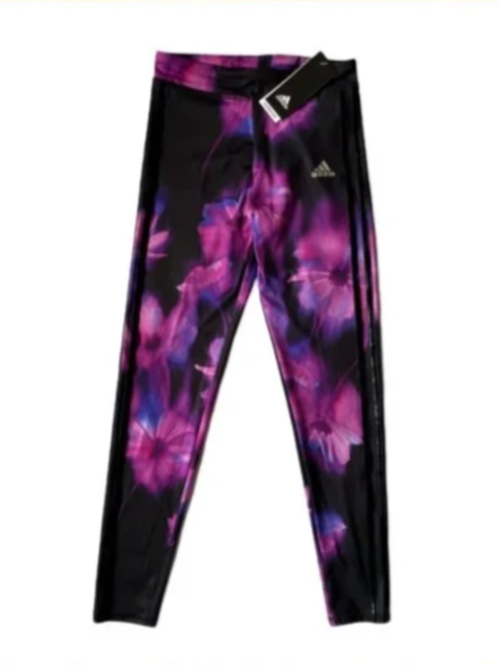 adidas Girl's Aeroready Performance Floral Tights in Black & Purple Size S-(7/8)